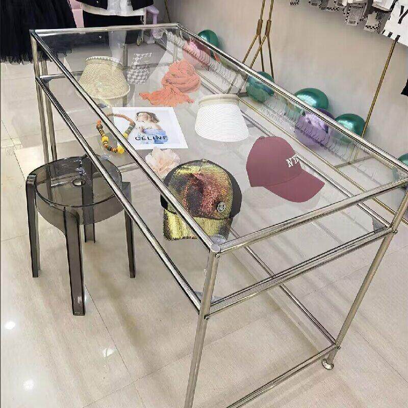 服装店不锈钢中岛展示台桌面饰品落地流水台电脑办公梳妆美甲桌
