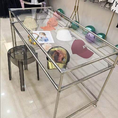 服装店不锈钢中岛展示台桌面饰品落地流水台电脑办公梳妆美甲桌
