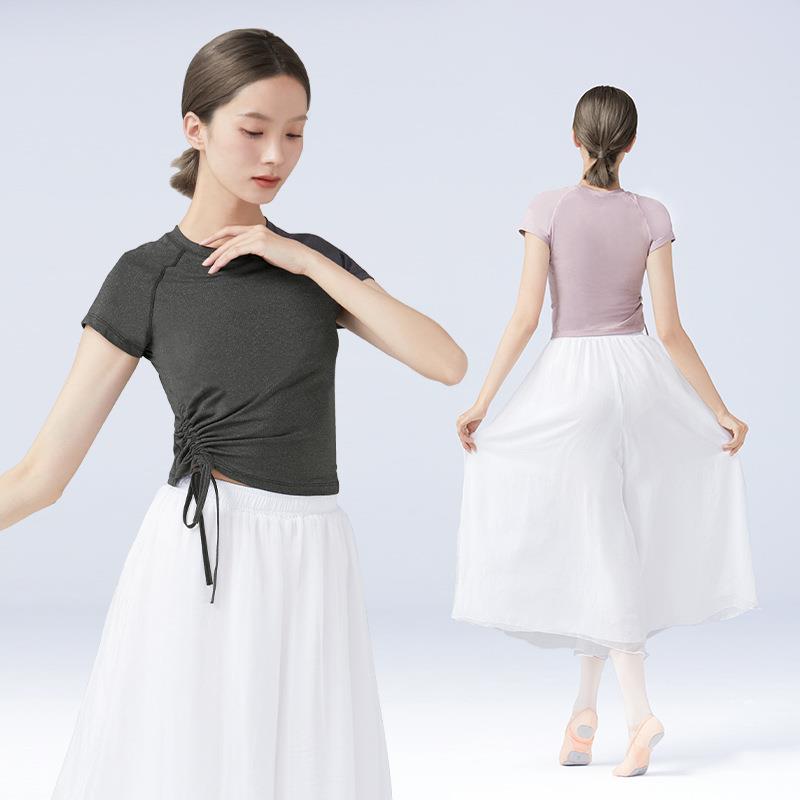 新款直销夏季舞蹈服女成人短袖圆领抽绳拉丁舞服芭蕾现代舞上衣教