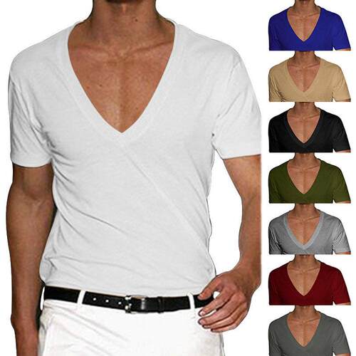 Solid color slim V-neck short-sleeved T-shirt 纯色V领短袖T恤