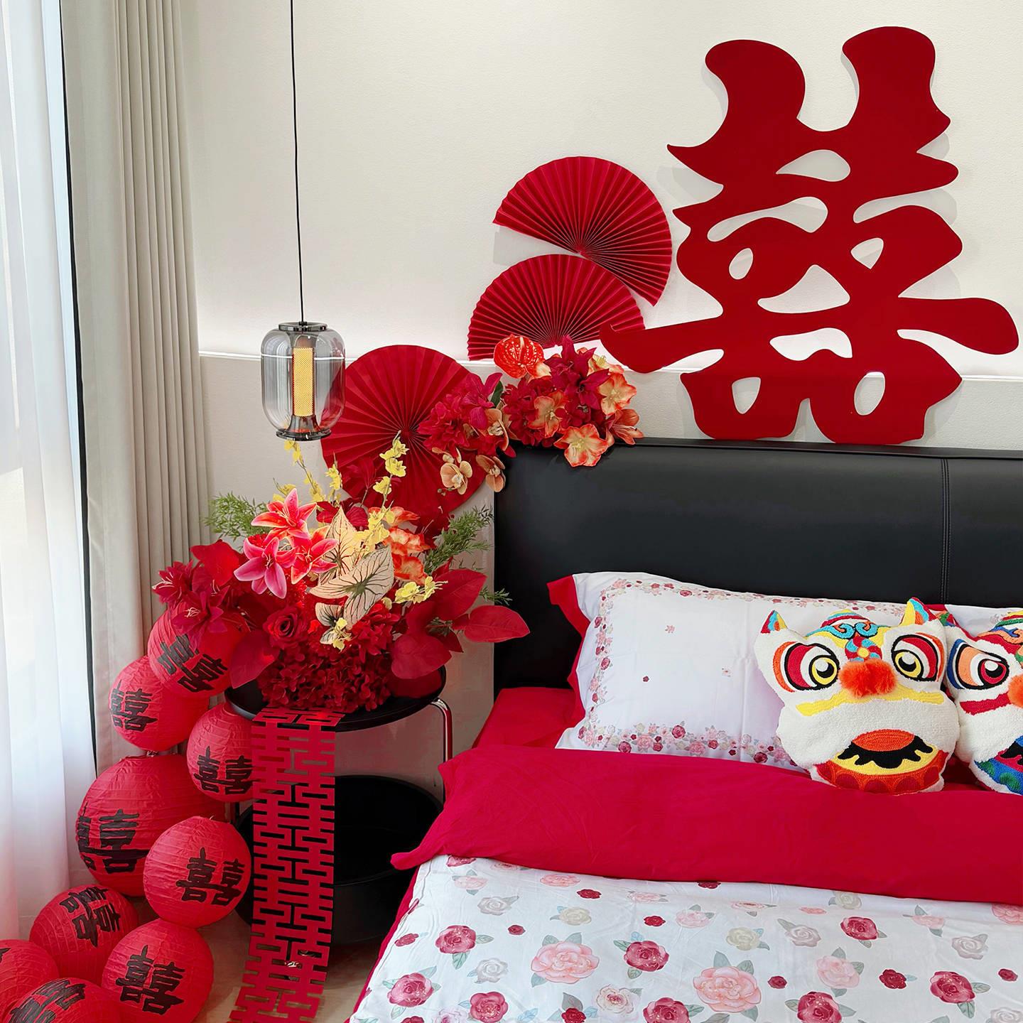 婚房布置床头仿真花摆件红色喜字结婚卧室浪漫装饰囍灯笼婚庆套装