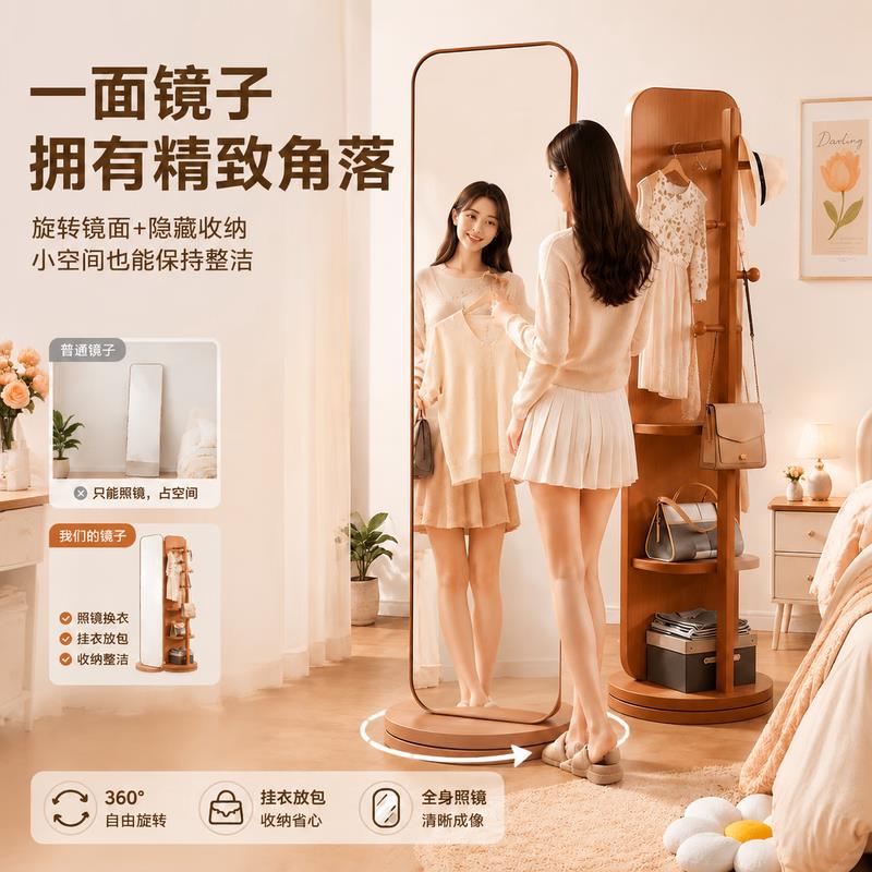 穿衣镜全身镜落地镜家用照衣镜旋转卧室挂衣试衣镜衣帽架一体镜子