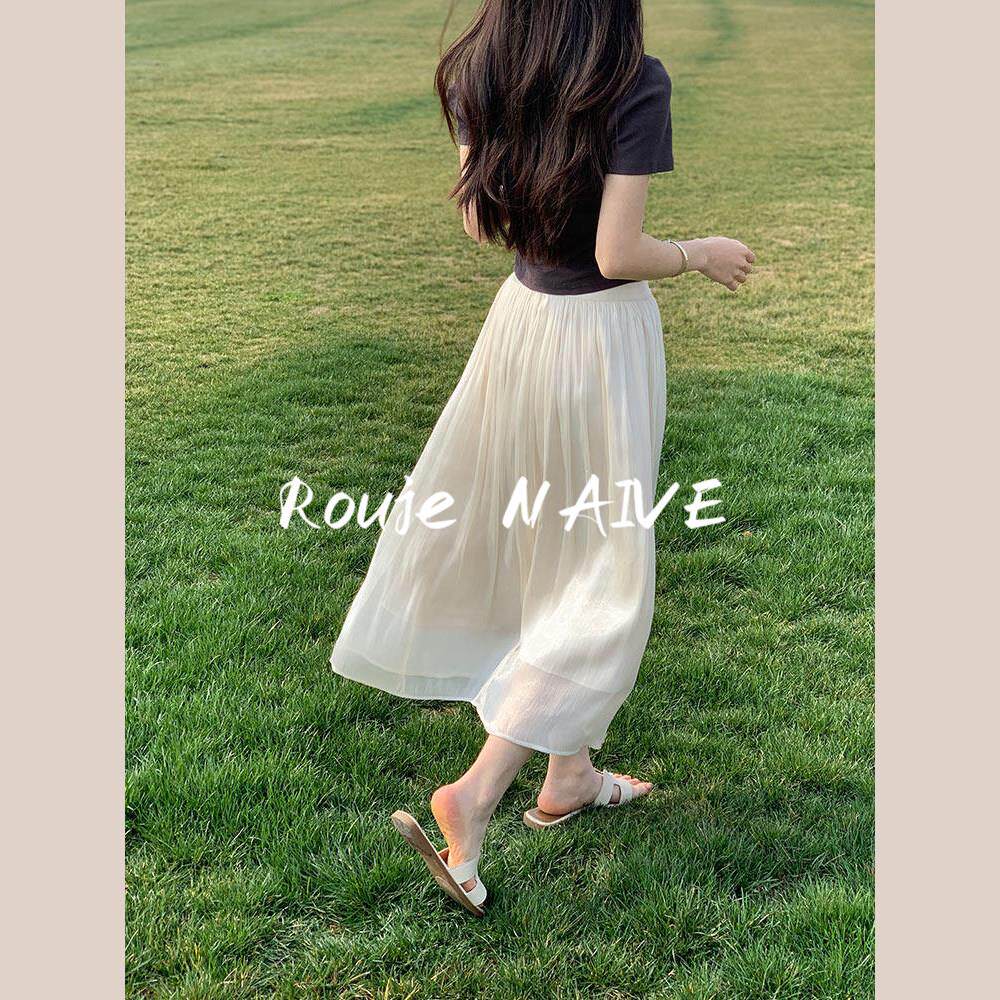 Rouje NAIVE白色网纱A字半身裙女夏高腰显瘦大码百褶长裙慵懒遮肉