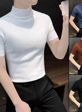 秋冬休闲半高领底裤衬衫2025新的修身合身内男毛衣针织t恤短袖上