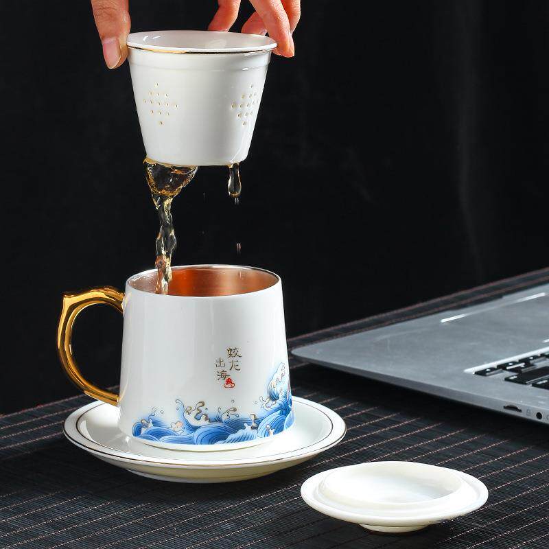 茶杯个人专用高端办公室茶水分离杯子陶瓷泡茶杯鎏银马克杯主人杯