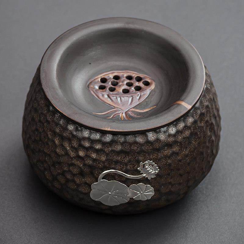 复古鎏金莲蓬建水 中式小茶渣缸窑变锤纹铁锈釉废茶水桶陶瓷茶具