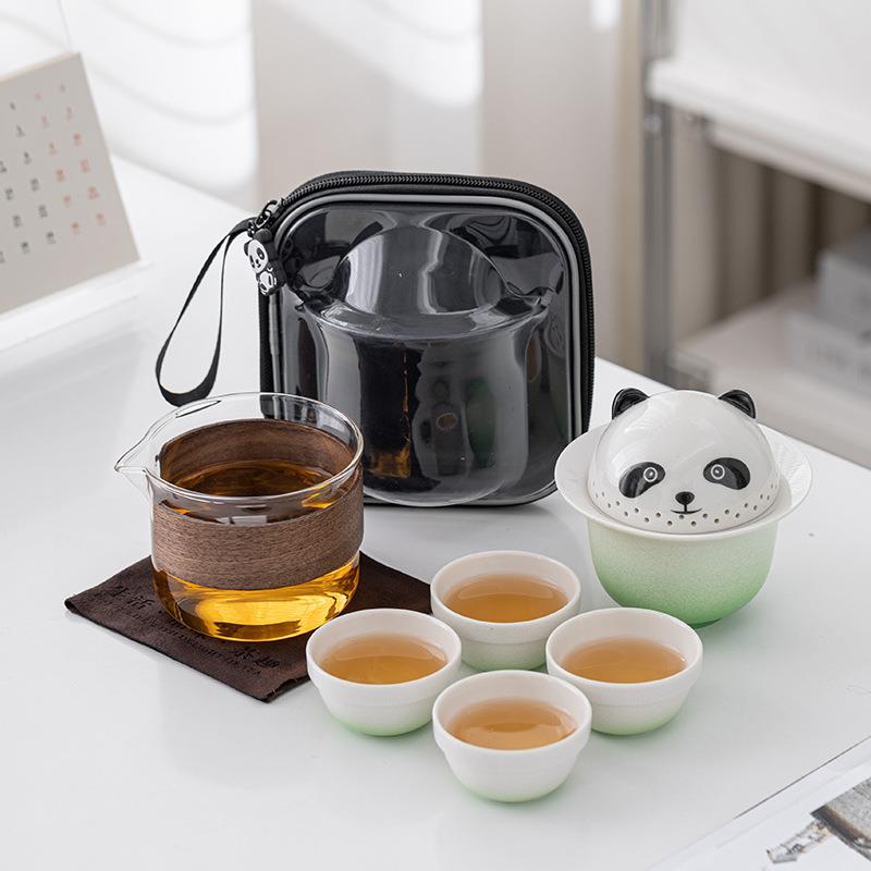 熊猫陶瓷旅行茶具便携式套装一壶四杯装户外露营茶具快客杯泡茶杯