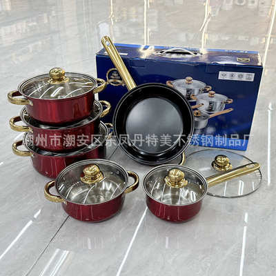 出口炫彩不锈钢套锅不粘锅12件套镀金把手cookware set pots