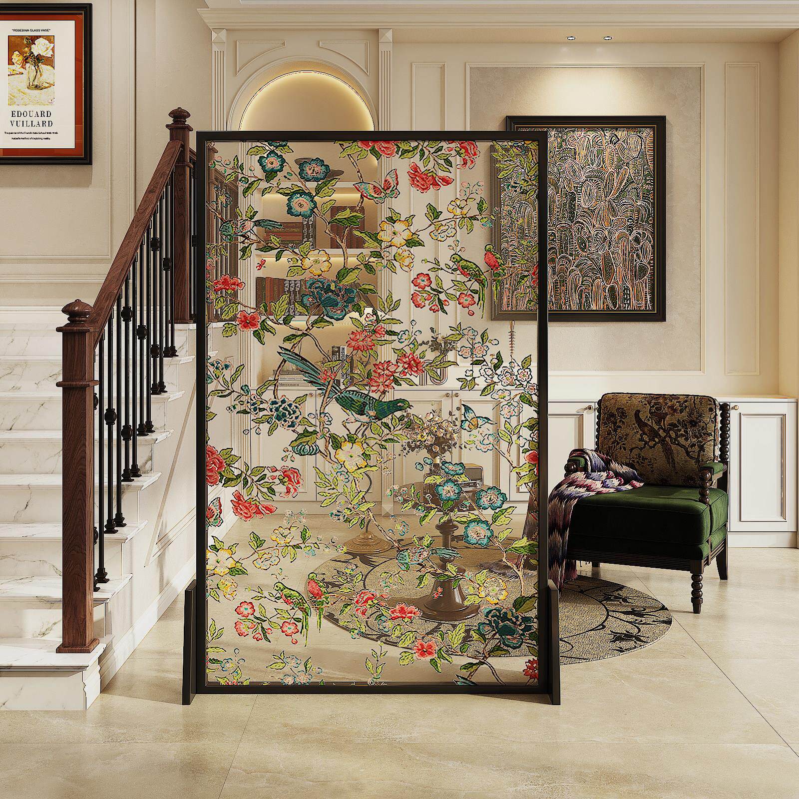 屏风隔断客厅2025新款入户正对门移动玻璃打印图案卧室花卉座屏木