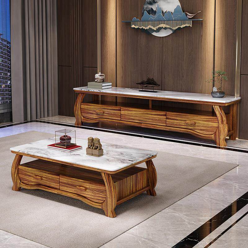 新中式乌金木茶几电视柜组合客厅家用实木大理石茶桌子现代简约