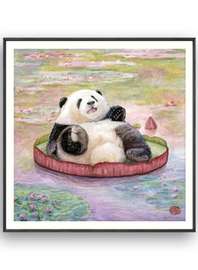 国潮艺术家 清猫绘《憨态卧莲床》限量版画餐厅玄关客厅挂画