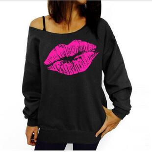 Women Off Shoulder Sleeve Lip Print Parties Casual