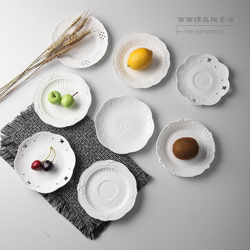 欧式浮雕蛋糕点心盘子 菜盘陶瓷6寸小碟小圆盘平盘摆盘白瓷盘家用