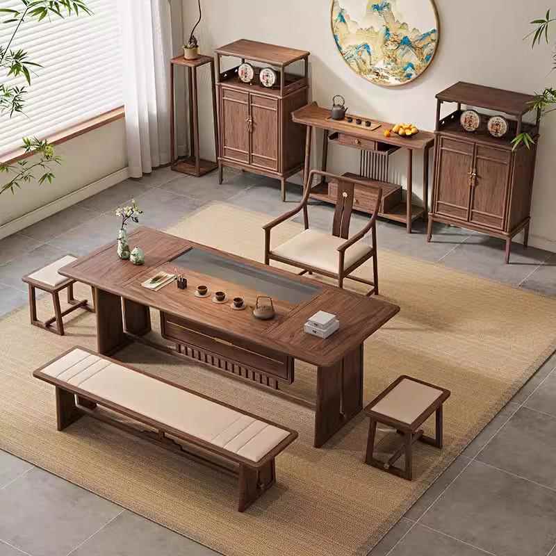 需定制北美黑胡桃茶桌椅组合新中式实木办公室中古风泡茶台简约茶