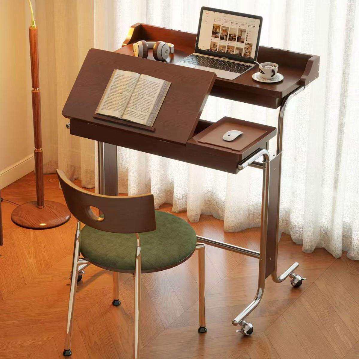 复古实木升降办公电脑桌家用可移动书桌极窄折叠工作台卧室化妆桌