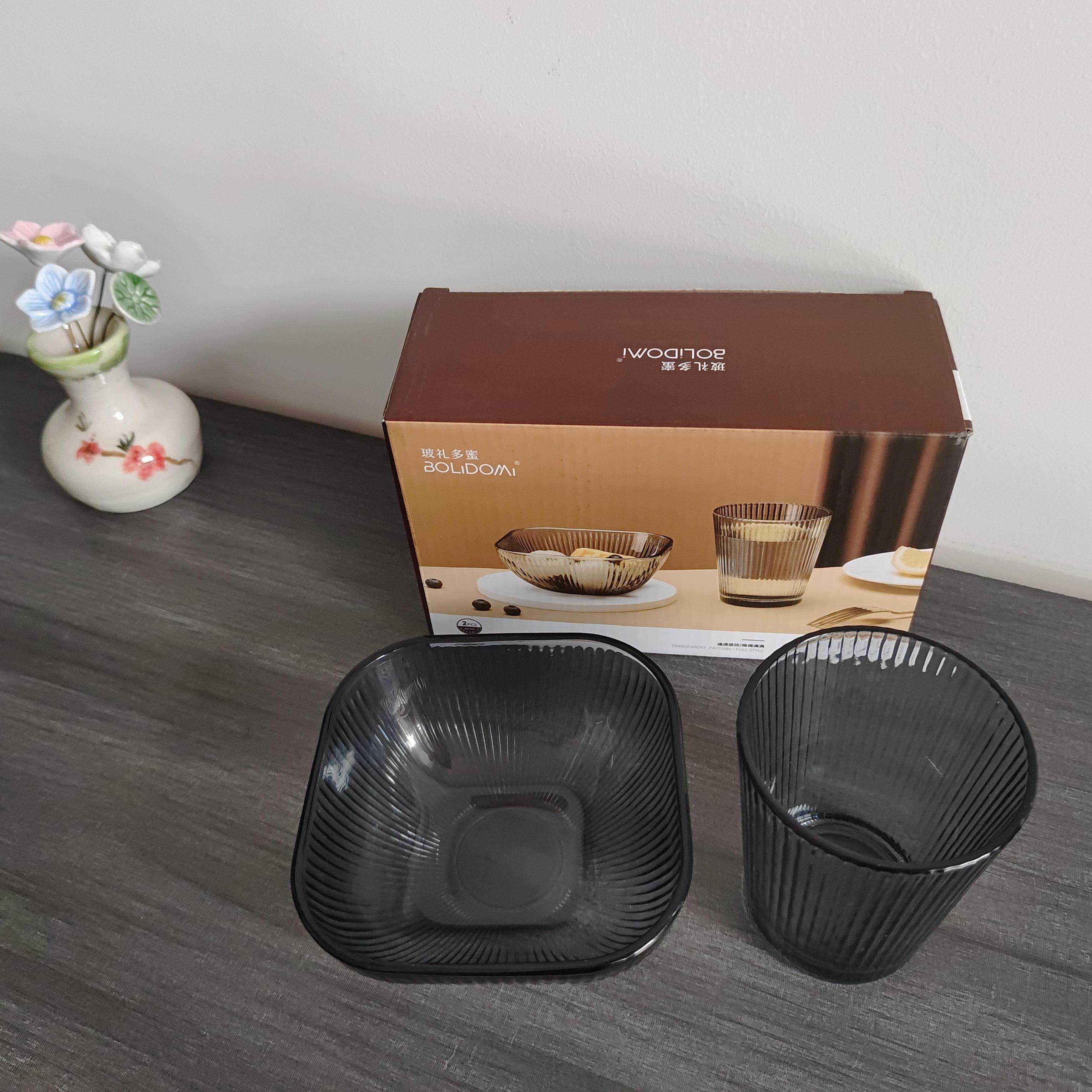 杯碗套装2件套竖纹餐具家用高级感玻璃杯玻璃碗水杯