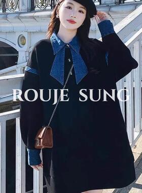 ROUJE SUNG牛仔拼接蝴蝶结卫衣裙女中长款2025早秋新款爆款上衣