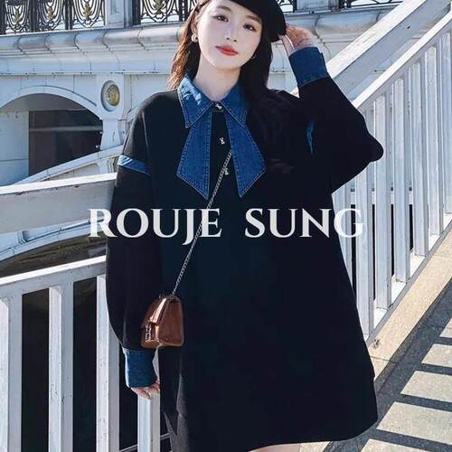ROUJE SUNG牛仔拼接蝴蝶结卫衣裙女中长款2025早秋新款爆款上衣