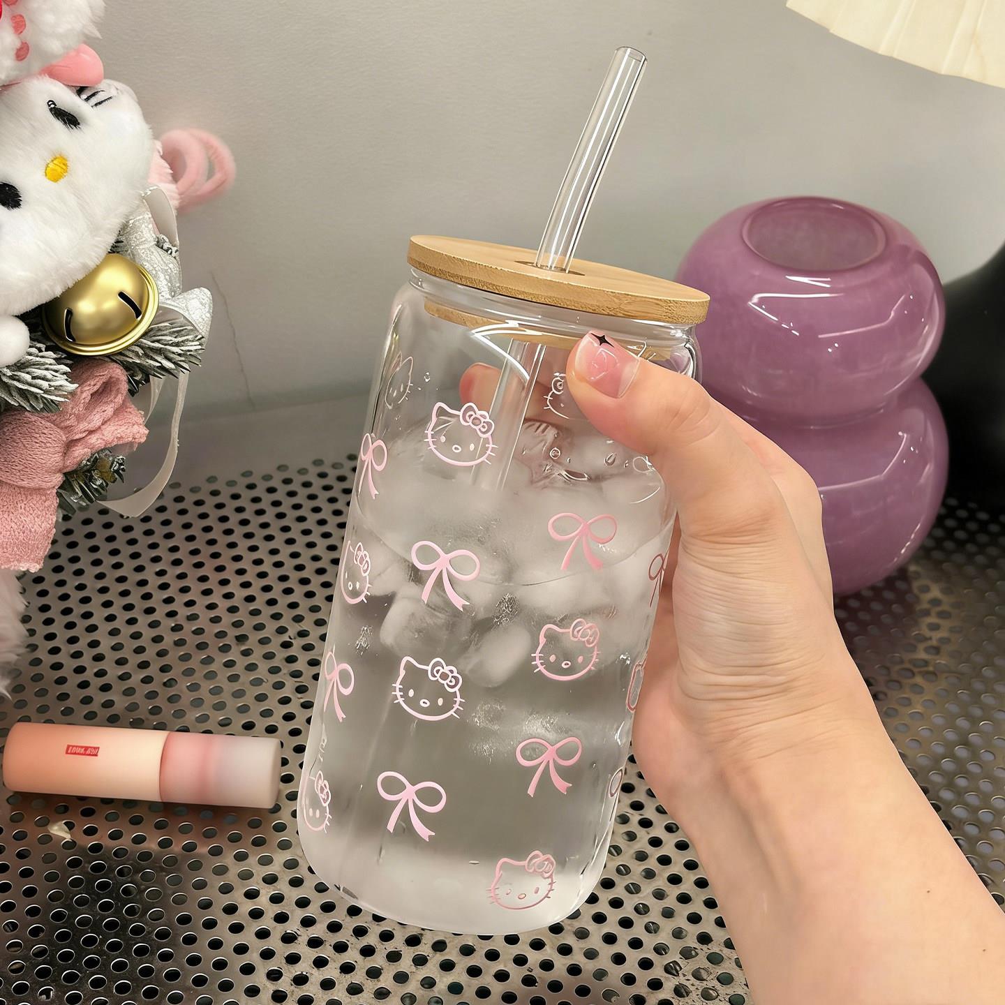 猫咪玻璃吸管杯女颜值水杯硼硅家用茶杯带盖耐温大容量透明