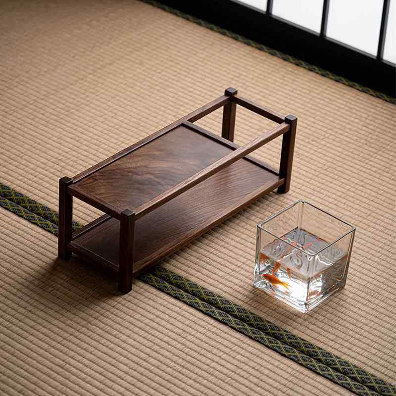 北美黑胡桃木茶具茶杯收纳架带鱼缸实木博古架桌面置物架