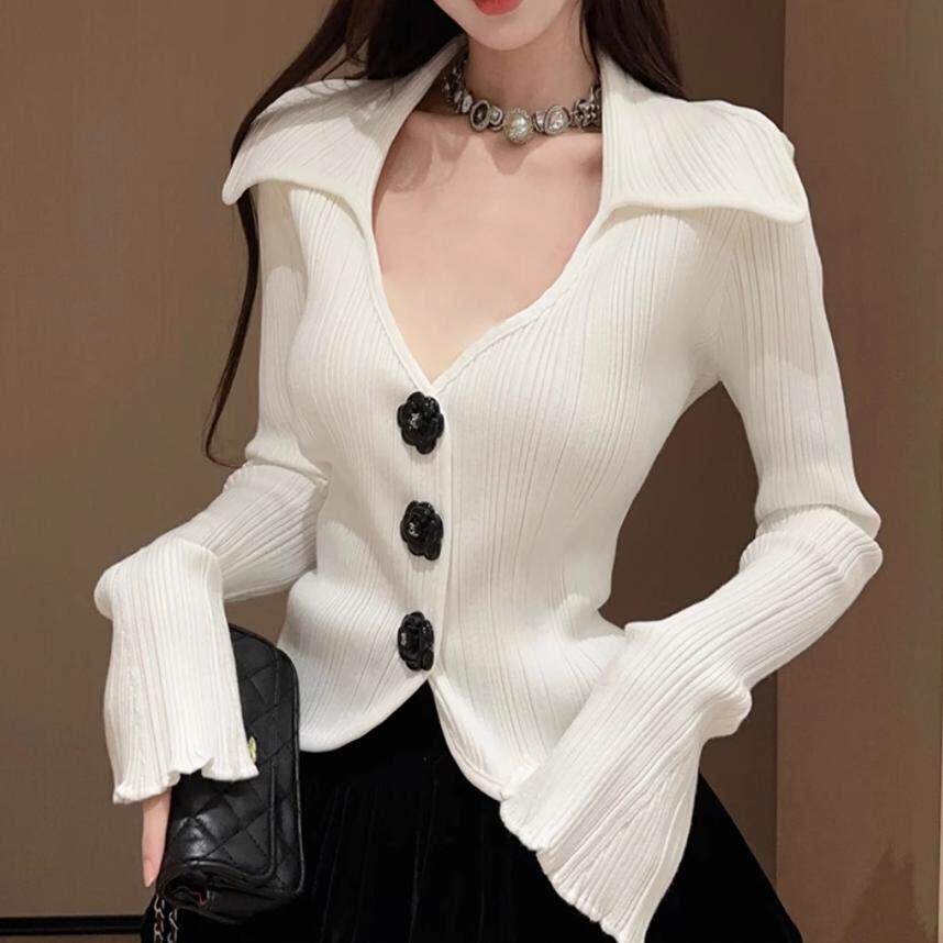 小香风喇叭袖针织开衫女秋冬纯欲性感v领上衣打底衫内搭毛衣外套