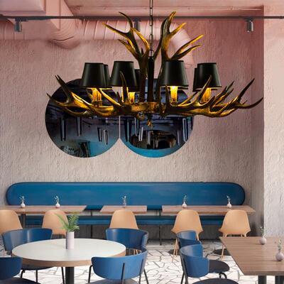 北欧工业风黑网色咖吊灯吧8010餐厅装饰鹿酒角吊咖啡厅服灯装店鹿