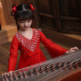 儿童古筝钢琴演出舞蹈服中式古典红色显瘦气质长款走秀考级礼服裙