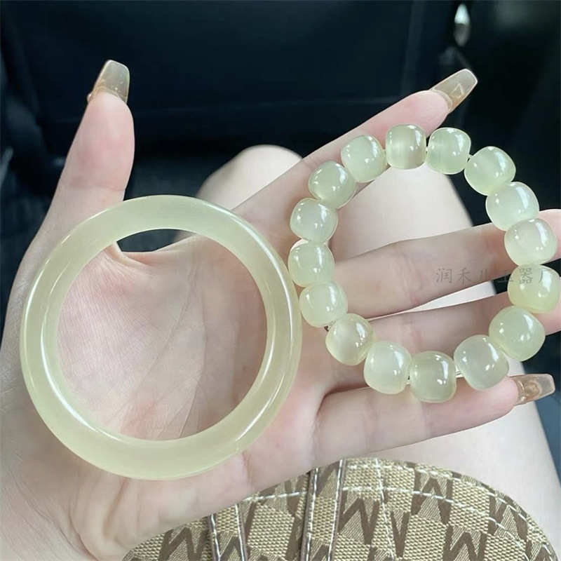 天然冰种蚕丝玉手镯玉镯和青白玉手镯子玉石猫眼细圆条美人镯