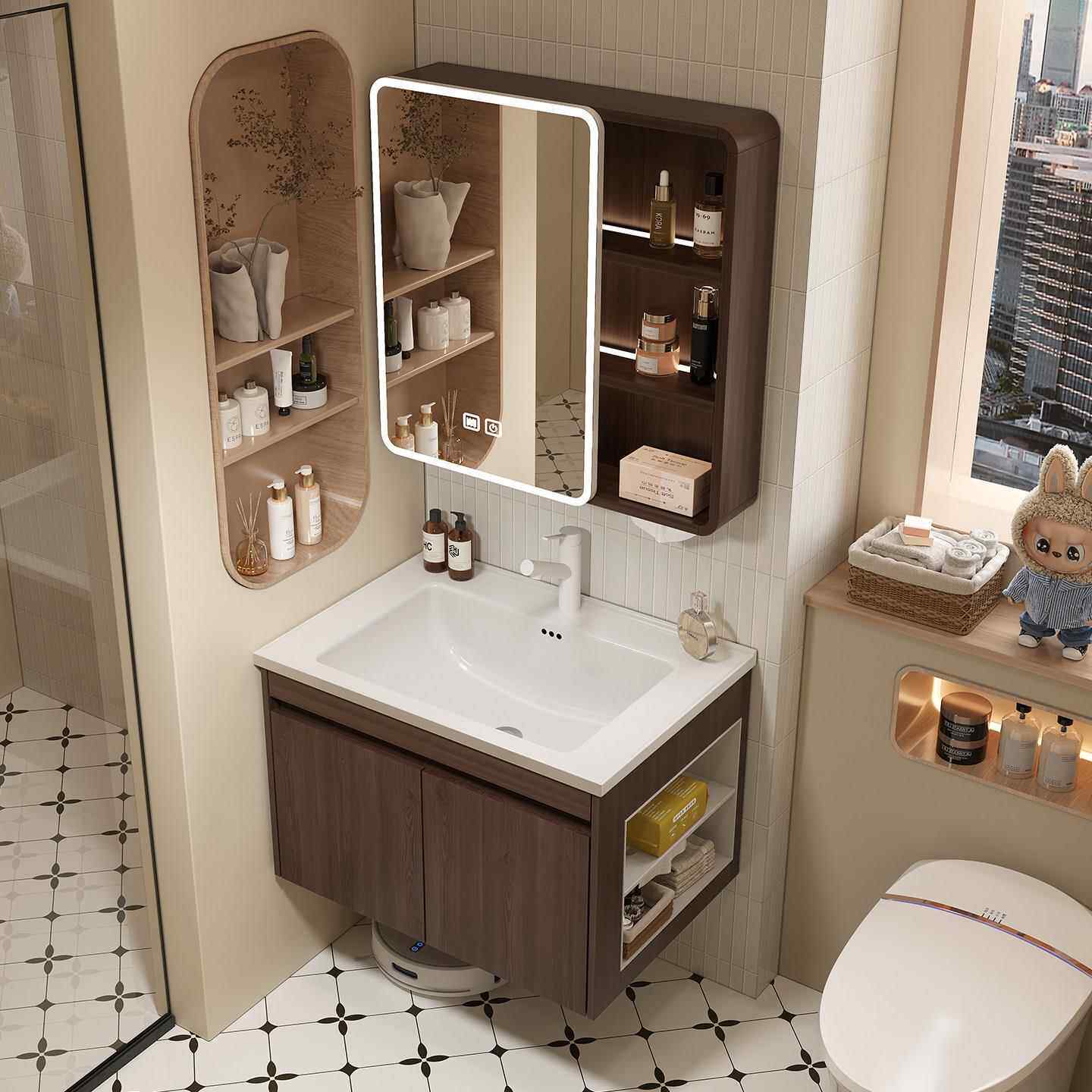 胡桃木中古风小户型卫生间陶瓷一体盆浴室柜组合洗脸盆洗漱台盆柜