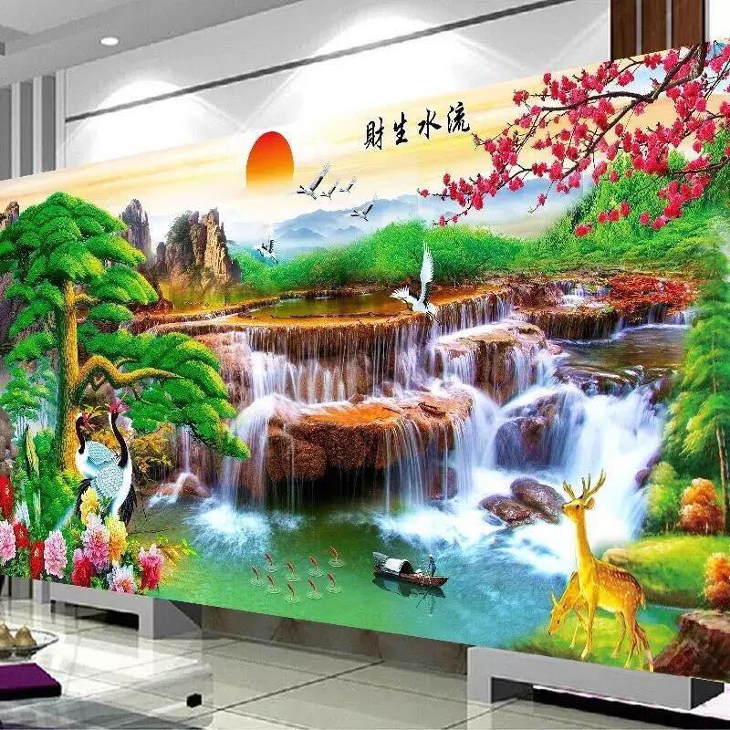 流水生财山水画十字绣2026新款线绣迎客松客厅大幅手工自己刺满绣