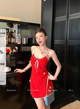 LINONEONE 樱桃甜心 原创童趣减龄红色樱桃针织吊带短裙连衣裙
