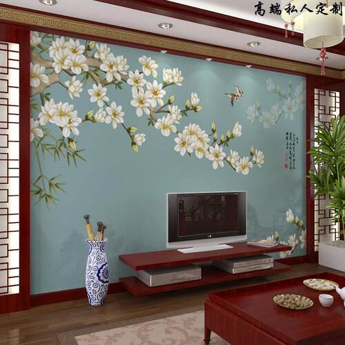 新中式电视背景墙壁纸16d玉兰花鸟墙布8d客厅沙发壁纸影视墙壁画