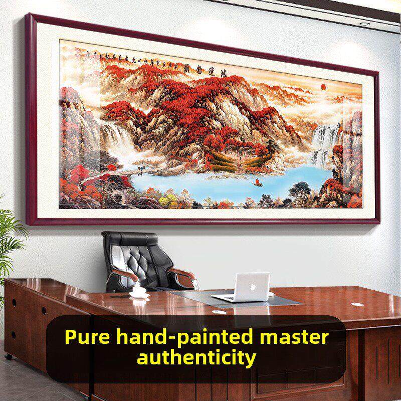 纯手绘国画鸿运当头靠山图山水字画中式办公室客厅背景墙西墙挂画