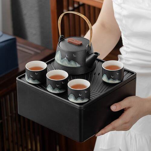 黑陶户远功套夫茶具套装陶瓷茶壶LT306黑干泡茶盘山外便携式收纳