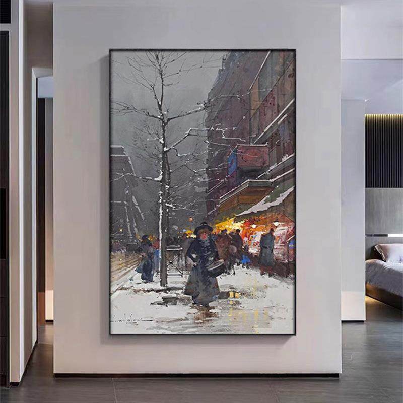 城市建筑街道夜景玄关装饰画艺术北欧挂画风景油画竖餐厅走廊壁画