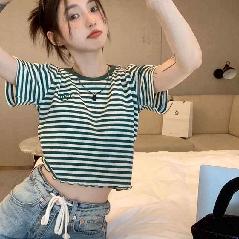 百款搭设条纹短袖t恤女ins潮夏季新款韩版计感修身短学生上衣