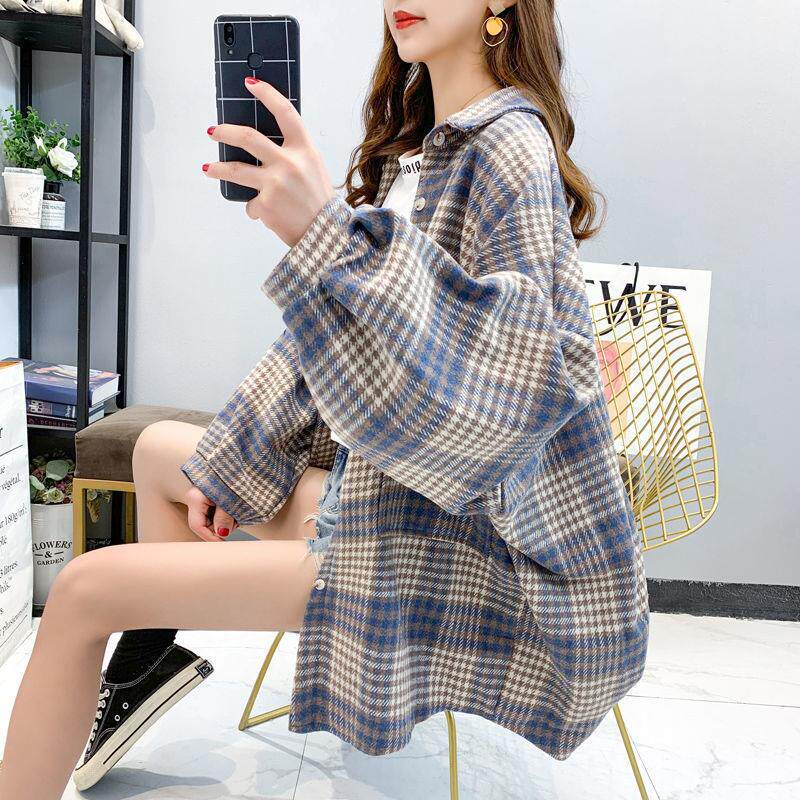 毛呢格子加厚衬衫女秋冬设计感小众港味复古衬衣外穿长袖宽松外套