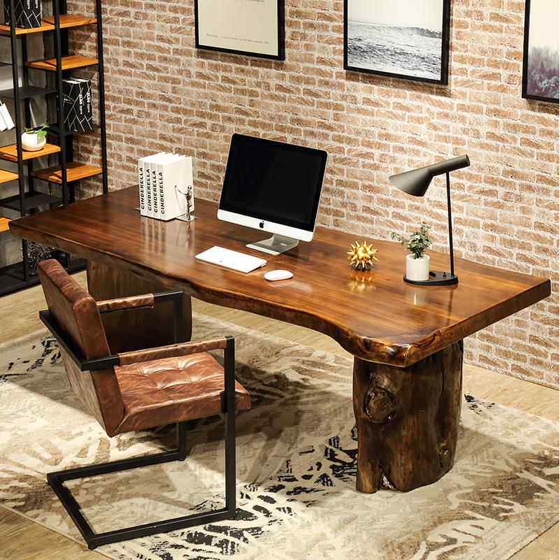 严选新中式原木不规则自然边书桌实木大板桌电脑桌整板老板办公桌