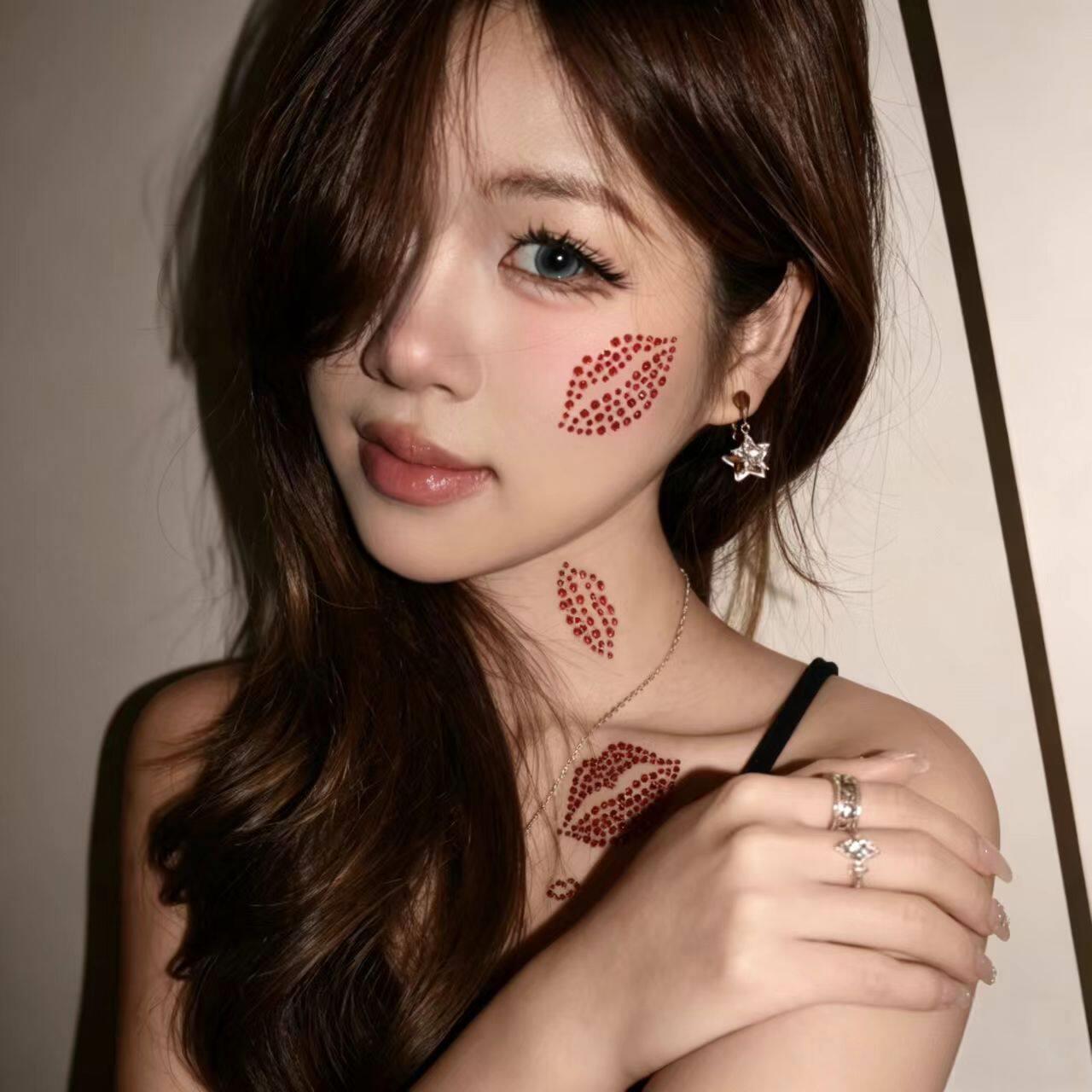 水钻红唇吻痕贴纸diy演唱会音乐节妆容装饰贴氛围感拍照出片神器.
