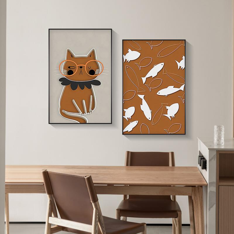 北欧可爱餐厅装饰画趣味动物挂画温馨餐桌旁猫咪与鱼壁画厂家