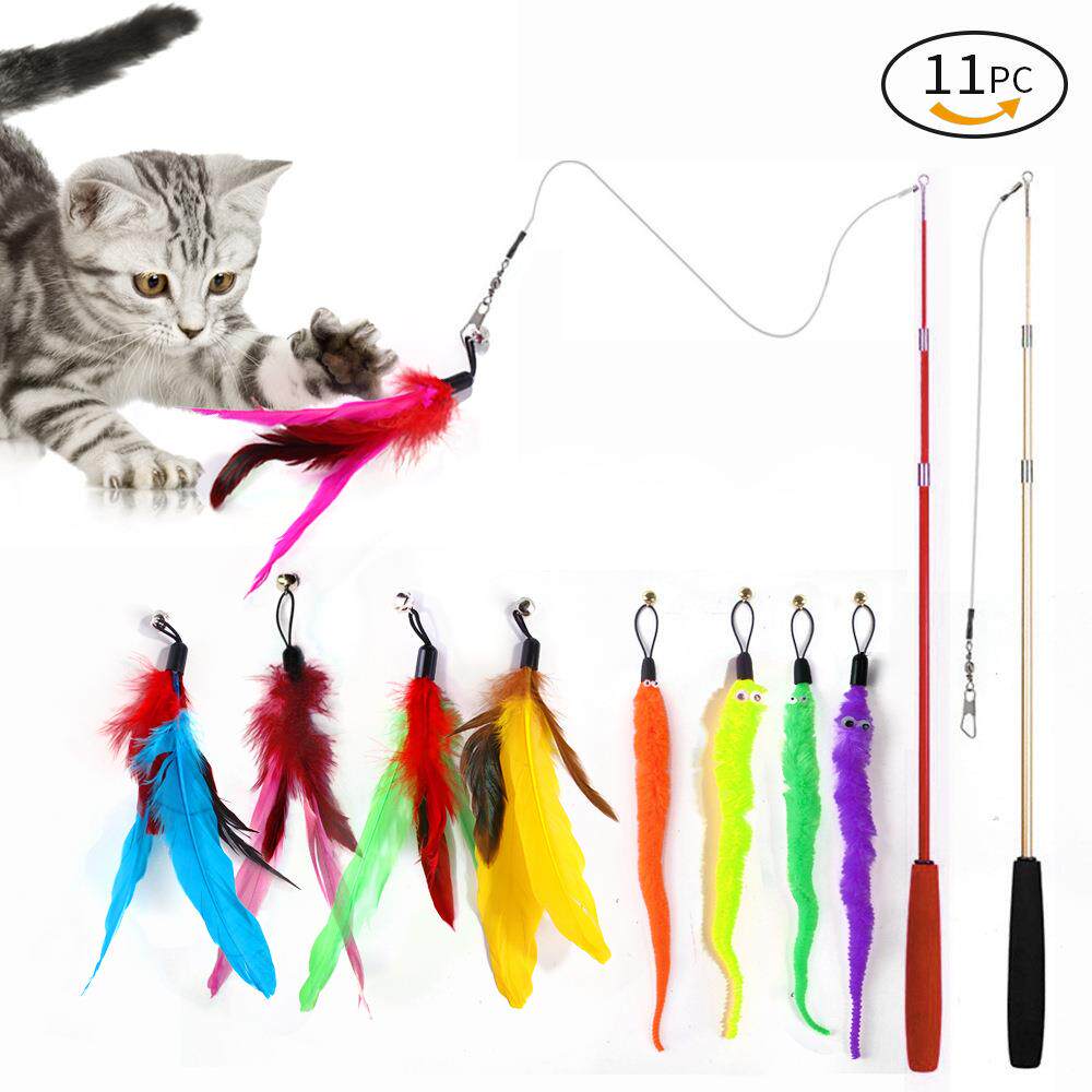 跨境宠物猫玩具羽毛替换头逗猫棒三节钓鱼竿毛毛虫逗猫玩具11件套