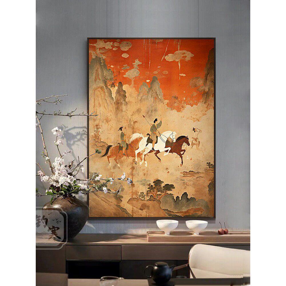 新中式红色骑马山水高级感玄关客厅装饰画背景墙壁画宋代美学挂画
