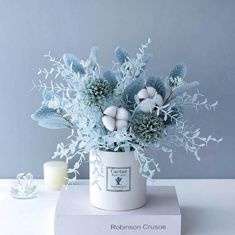 北欧现代简约淡蓝色冰雪芙蓉棉花糖假绢花彷真花艺束餐桌花瓶摆件