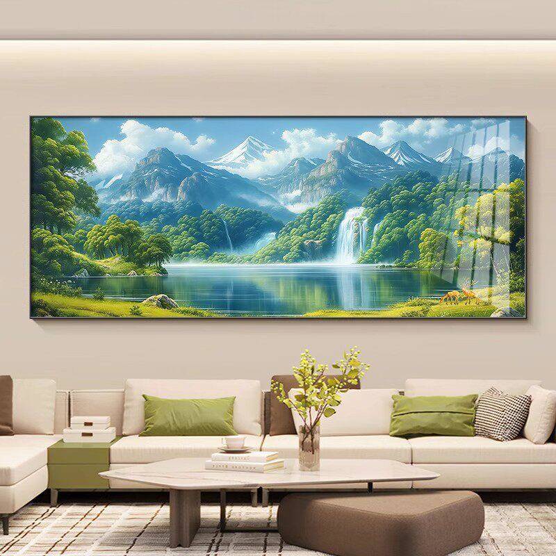 流水壁画客厅山水挂画生财沙发办公室装饰画绿水青山背景墙会议室