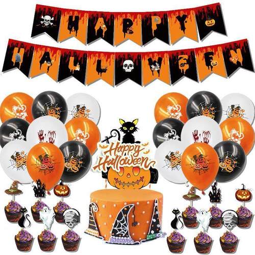Halloween skull pumpkin pull banner latex balloon cake inser