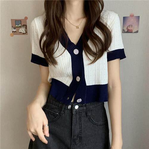 V-neck short sleeved knitted cardigan for women