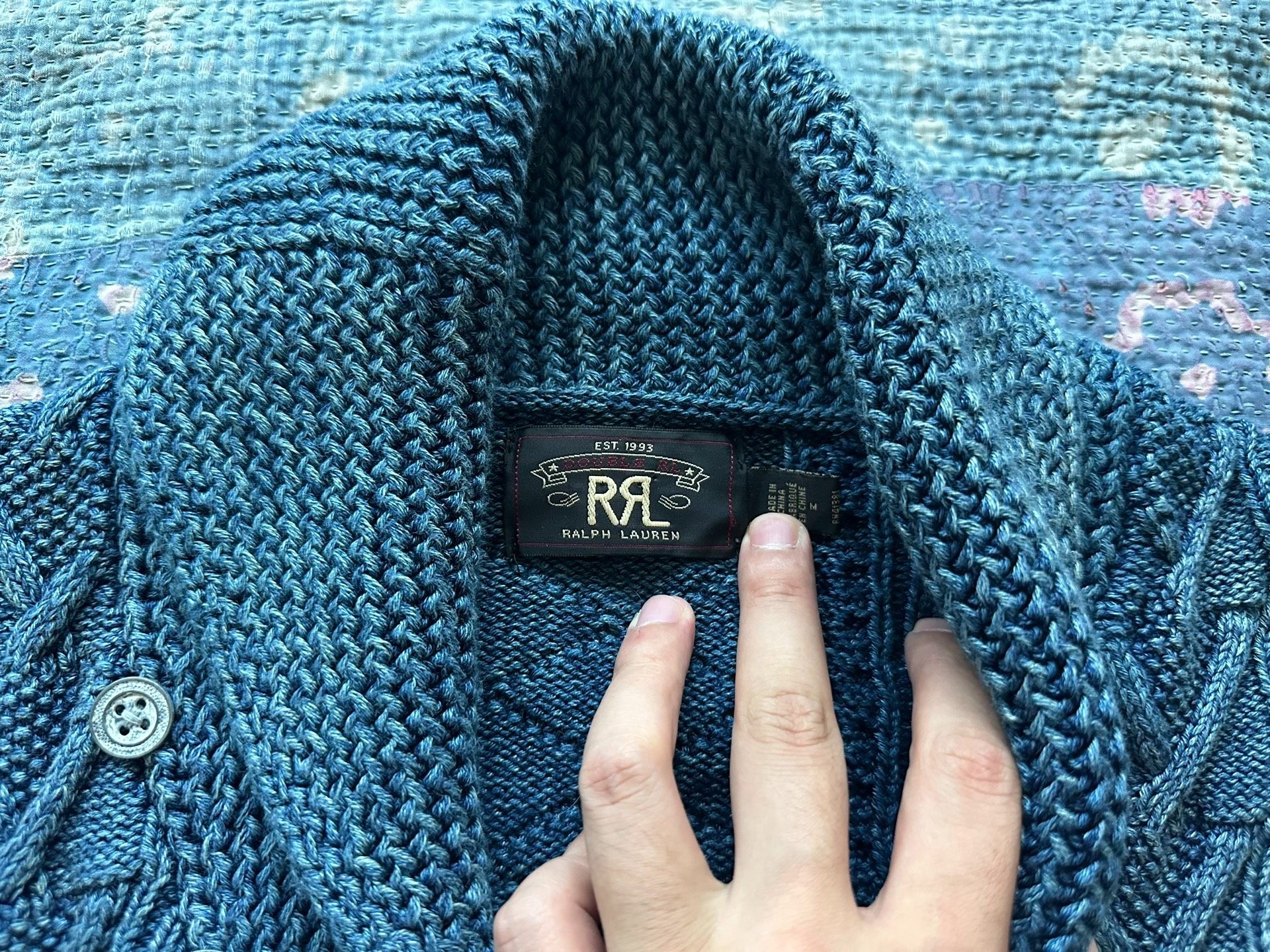 RRL Blue Cable-Knit Wool Cardigan — detail