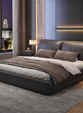 黑色皮质床主卧双人现代床简约实木靠包储软物床式意高端BAH婚床