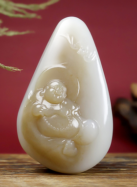 一级细料新疆和田玉糖羊脂白玉苏工雕刻细腻油润弥勒佛挂件26.65