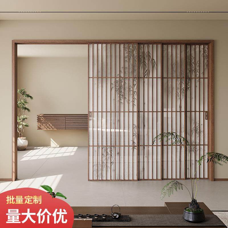 新中式竹影玻璃门厨房阳台客厅隔断移门复古格栅宋氏美学推拉门
